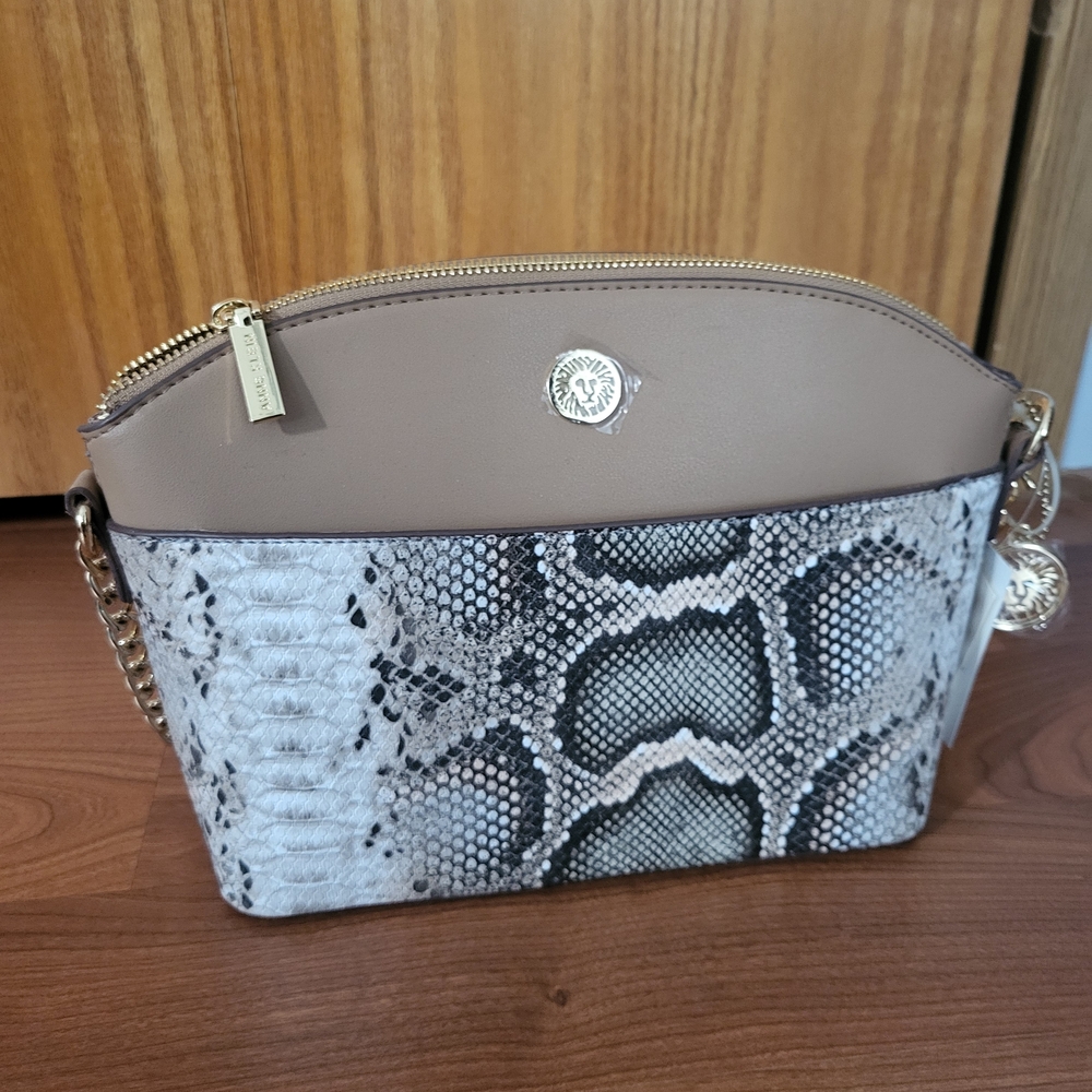 Anne Klein Beige & Gray Snake Print Crossbody Bag